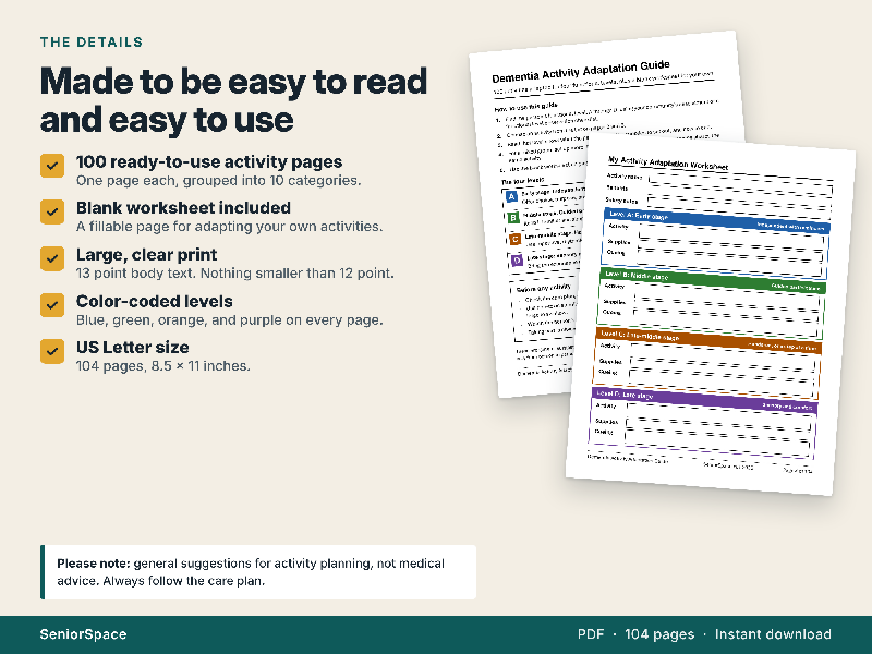 Dementia Activity Guide, 100 Activities Adapted for 4 Levels, Memory Care Activity Ideas for Activity Directors, Printable PDF