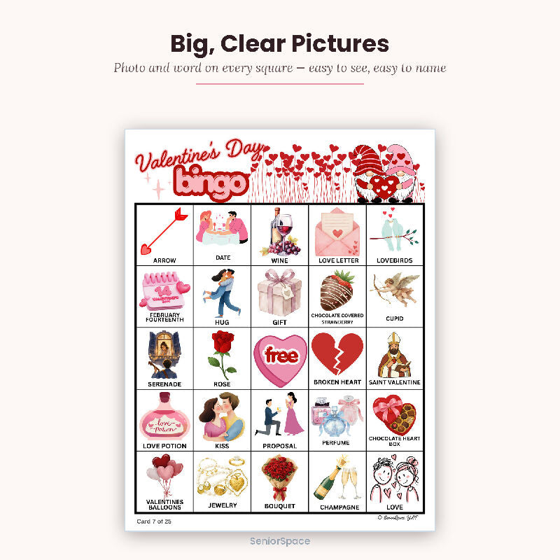 Valentine's Day Bingo, 25 Printable Cards, Call Cards with Clues, Senior Activity, Reminisce Cues, Instant Download