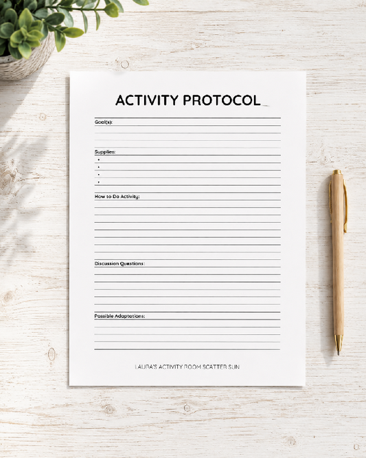 Printable Activity Protocol Template: Editable Word Document for Recreation Therapists and Activity Professionals