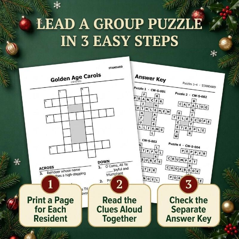 200 Large Print Christmas Crosswords for Seniors – Group Activity Set