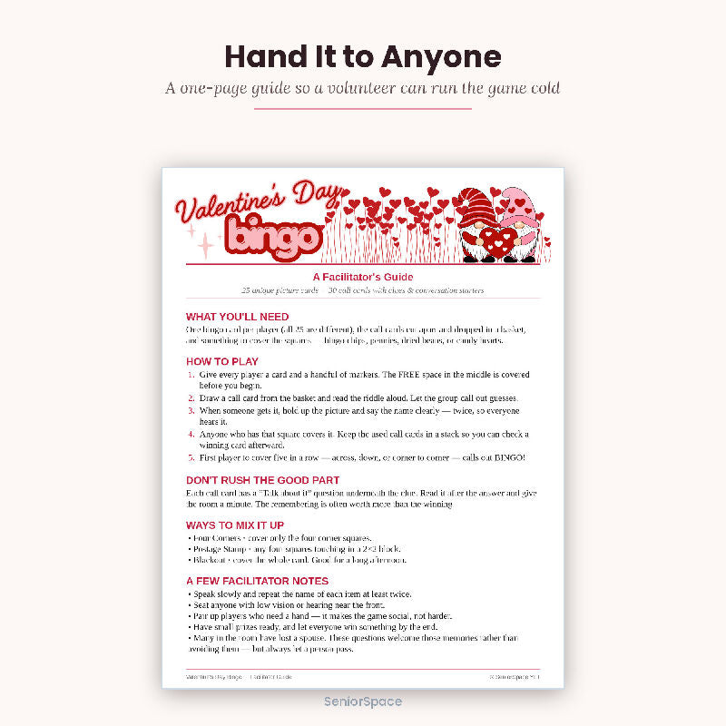 Valentine's Day Bingo, 25 Printable Cards, Call Cards with Clues, Senior Activity, Reminisce Cues, Instant Download