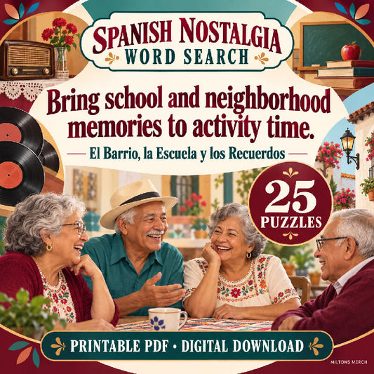 Spanish Nostalgia Word Search — El Barrio, la Escuela y los Recuerdos | 25 Puzzles, PDF