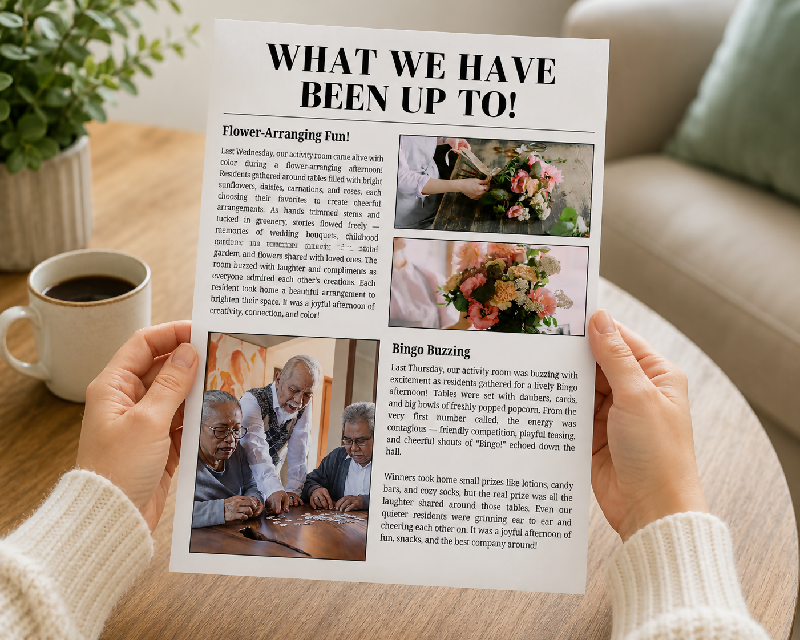 Newsletter for Activity Directors and Long Term Care Professionals, Alternative to Publisher - Editable Canva Template, Upcoming Activity Notices, Updates, Spotlights & More