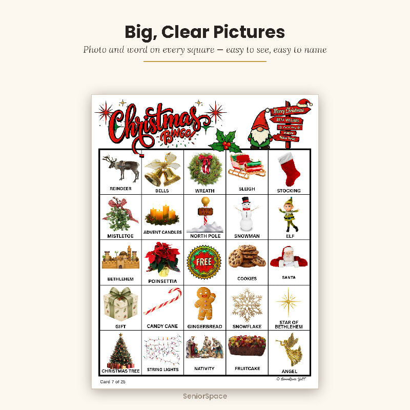 Christmas Picture Bingo, 25 Printable Cards, Call Cards with Clues, Discussion Questions