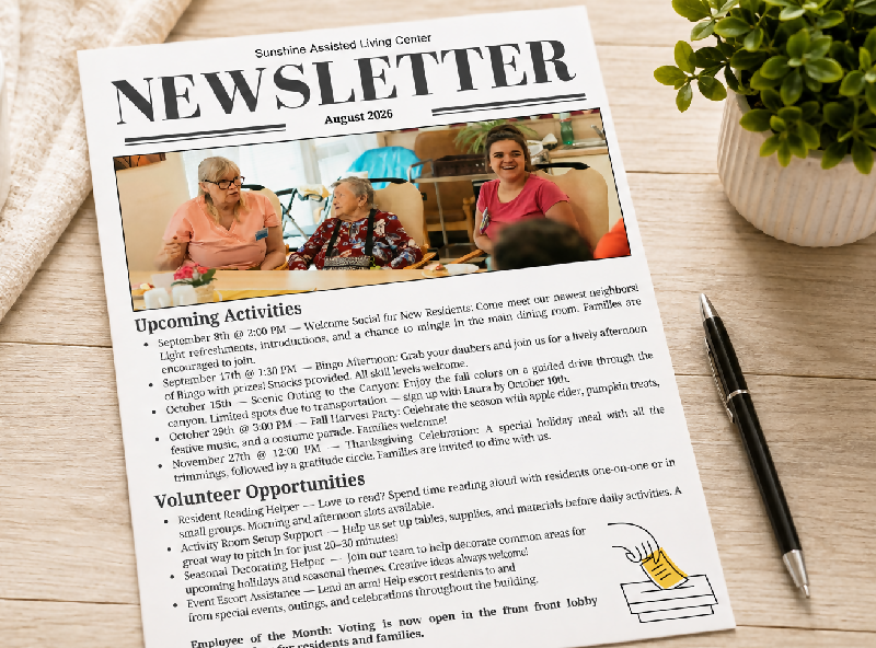 Newsletter for Activity Directors and Long Term Care Professionals, Alternative to Publisher - Editable Canva Template, Upcoming Activity Notices, Updates, Spotlights & More