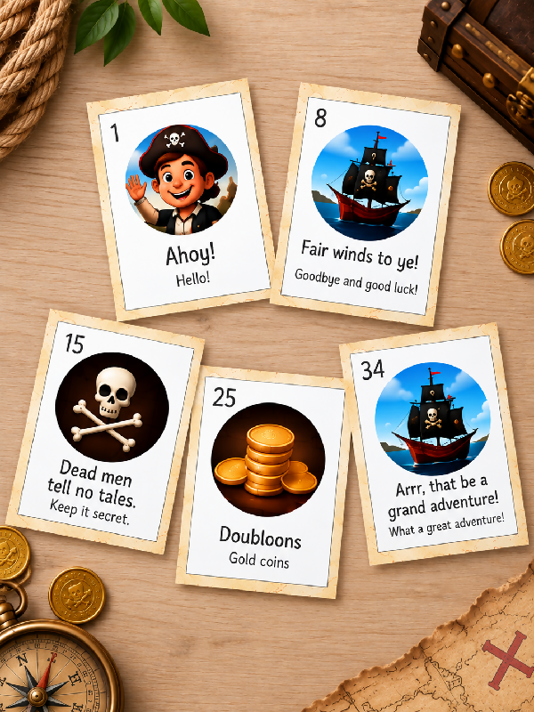 Talk Like a Pirate Day Activity, Let's Speak Pirate Bingo Game, With Playing Cards