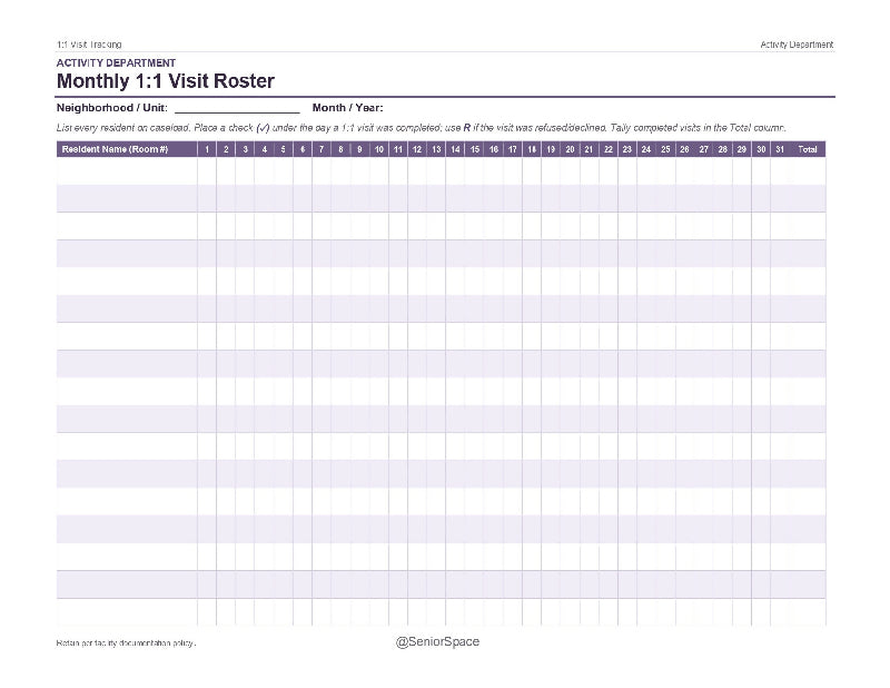 Close-up product preview of the Monthly 1:1 Roster page template. The layout features a clean, purple-accented table tracking sheet with a vertical column for resident names and a horizontal grid spanning days 1 through 31 for easy check-and-go logging.
