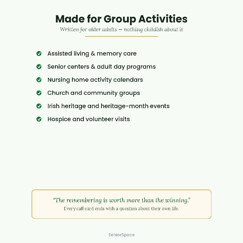 St Patrick's Day Bingo for Seniors, 25 Printable Cards, Call Cards with Clues, Memory Care Activity, Discussion cues, Instant Download