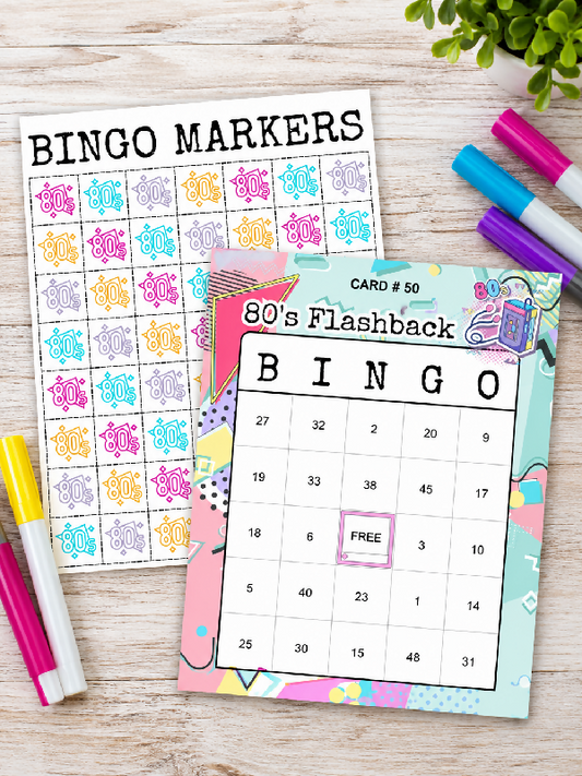 80's Flashback Bingo, Include Number Calling Cards, Bingo Bucks, Markers, and 50 Retro Themed Printable Boards, Senior's Birthday Party Game