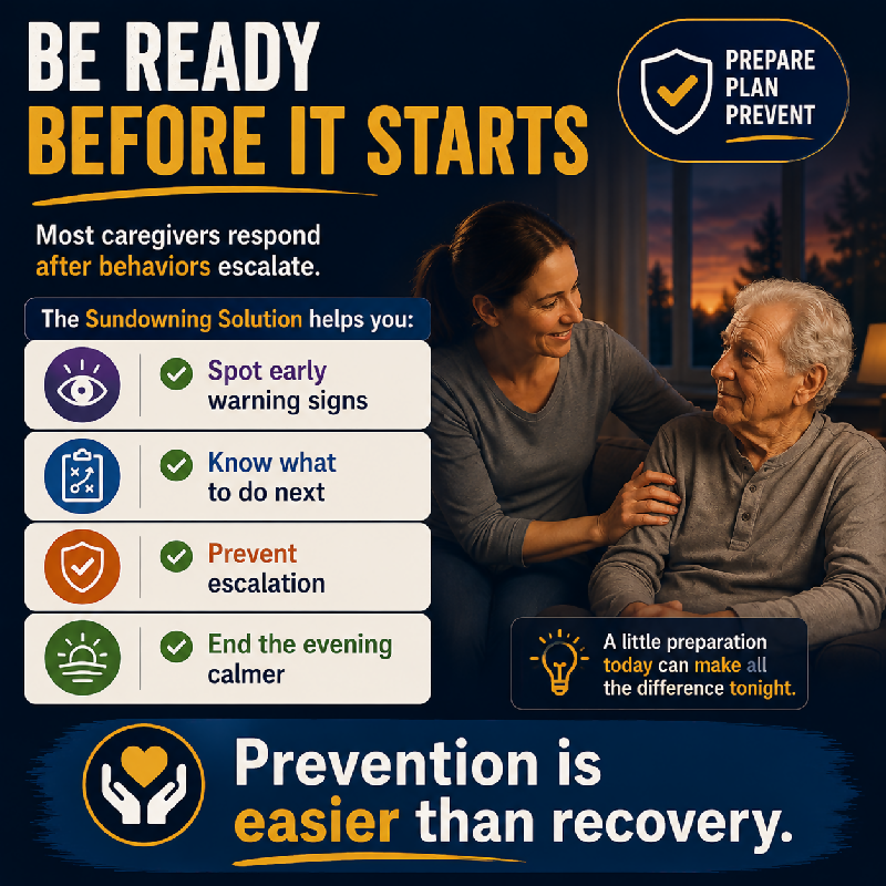 Be ready before it starts — The Sundowning Solution helps you spot early warning signs know what to do next prevent escalation and end the evening calmer — prevention is easier than recovery