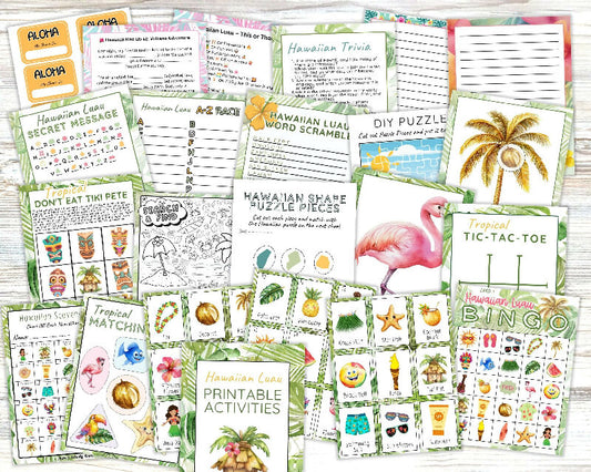 BIG Hawaiian Luau Activity Bundle, Bingo Boards, Playing Card, Scavenger Hunt, Includes Activity Protocols for Recreation Directors / Group