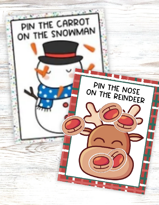 Pin the Carrot Nose on the Snowman & Pin the Nose on the Reindeer, Pin the Tail on Donkey Game, Printable Group Game Activity