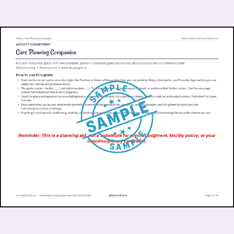 Document preview of the introductory page of the "Care Planning Companion" guide. It features the title and a section labeled "How to use this guide" with instructional bullet points. A large, diagonal blue "SAMPLE" watermark is stamped across the center, and a red reminder note is visible at the bottom.