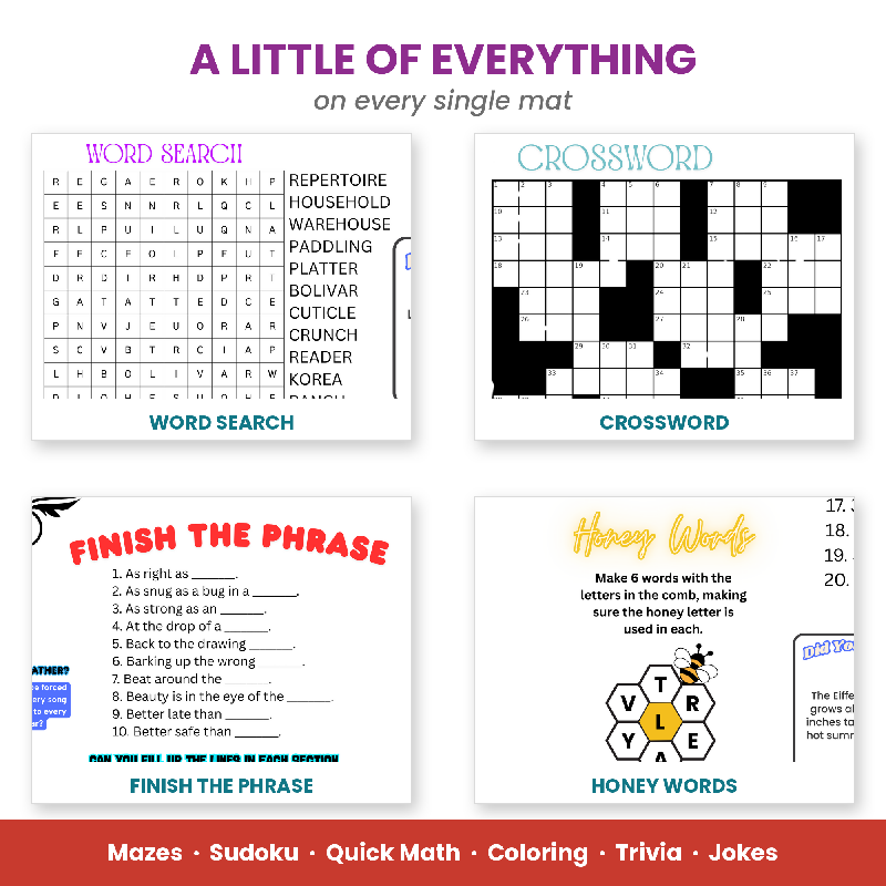 50 Activity Placemats for Seniors, Large Print Puzzles, Nursing Home Activity Director Printable, Memory Care Digital Download
