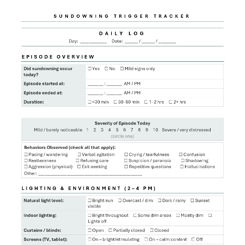 Sundowning Trigger Tracker for Activity Directors | Fillable PDF for Memory Care & Dementia Programming