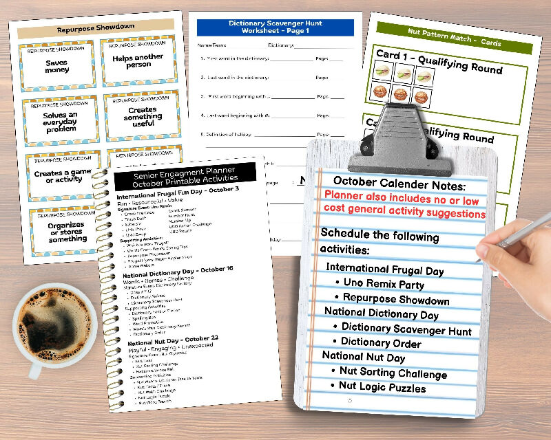 October Activity Plans for Seniors, Done-for-You, International Frugal Fun Day, National Dictionary Day & National Nut Day Engagement Activities for Senior Living