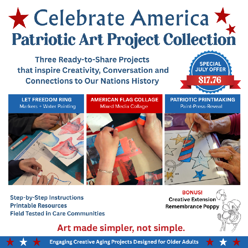 Celebrate America patriotic art project collection featuring three ready-to-share art projects: Let Freedom Ring, American Flag Collage, and Patriotic Printmaking, plus a bonus Remembrance Poppy creative extension.