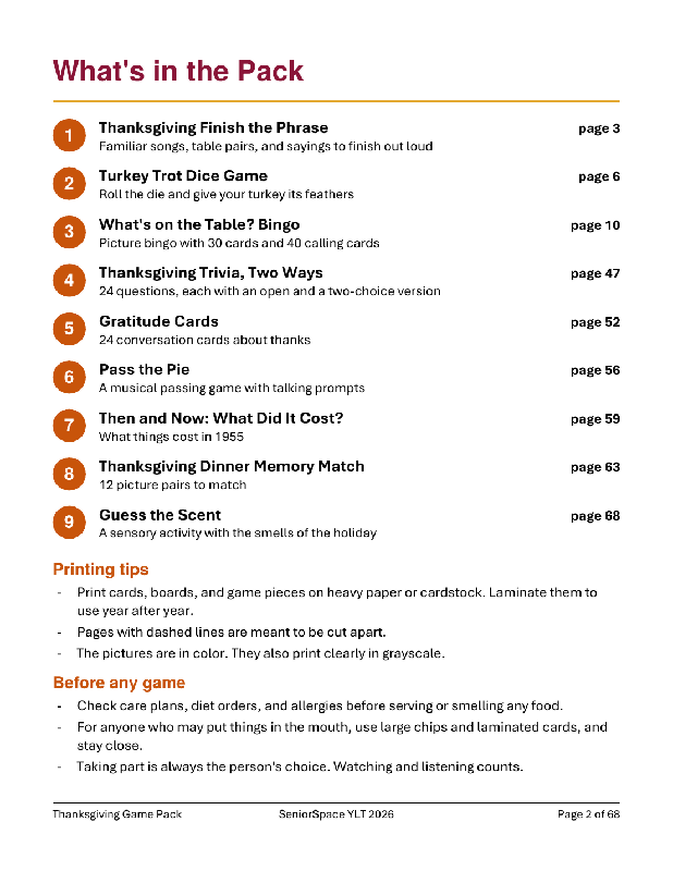 Thanksgiving Games for Seniors, 9 Printable Activities, Picture Bingo, Trivia, Memory Care and Nursing Home Activity Pack PDF
