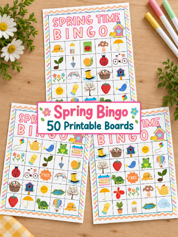 Spring Bingo & Reminiscing Card Game Bundle, 50 Boards, Scavenger Hunt, Memory Matching Flash Cards,  Easter Printable Activities, Playing Cards