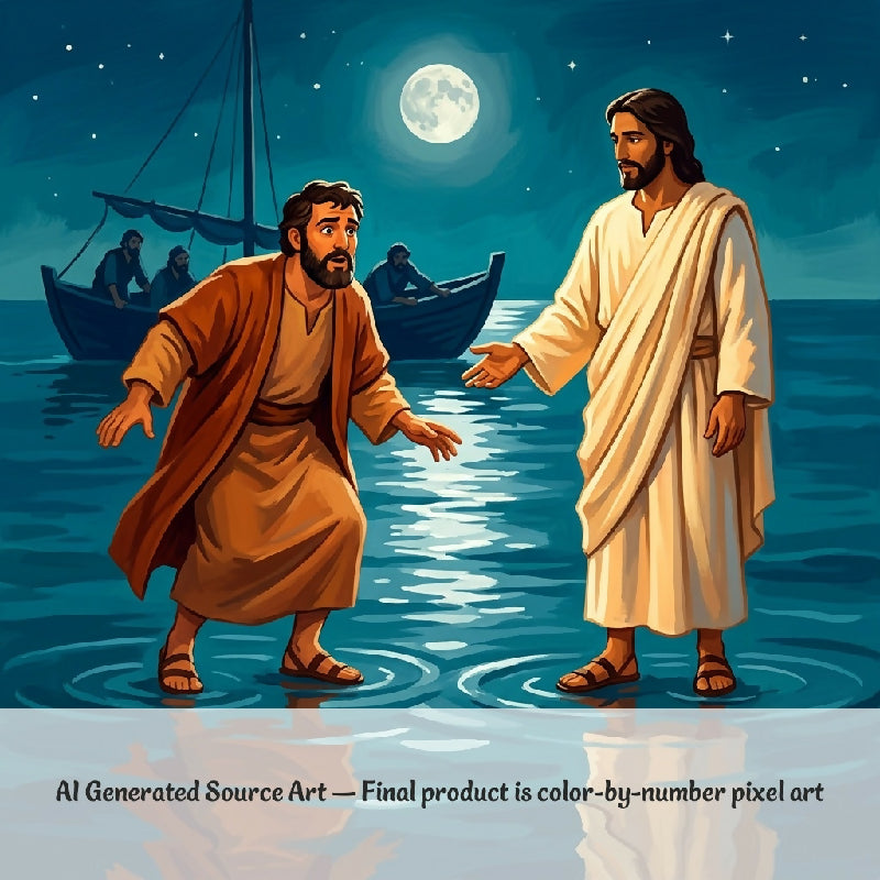 Walking on Water Collaborative Color by Number | Giant Group Activity Poster | Biblical Art | Watercolor Style