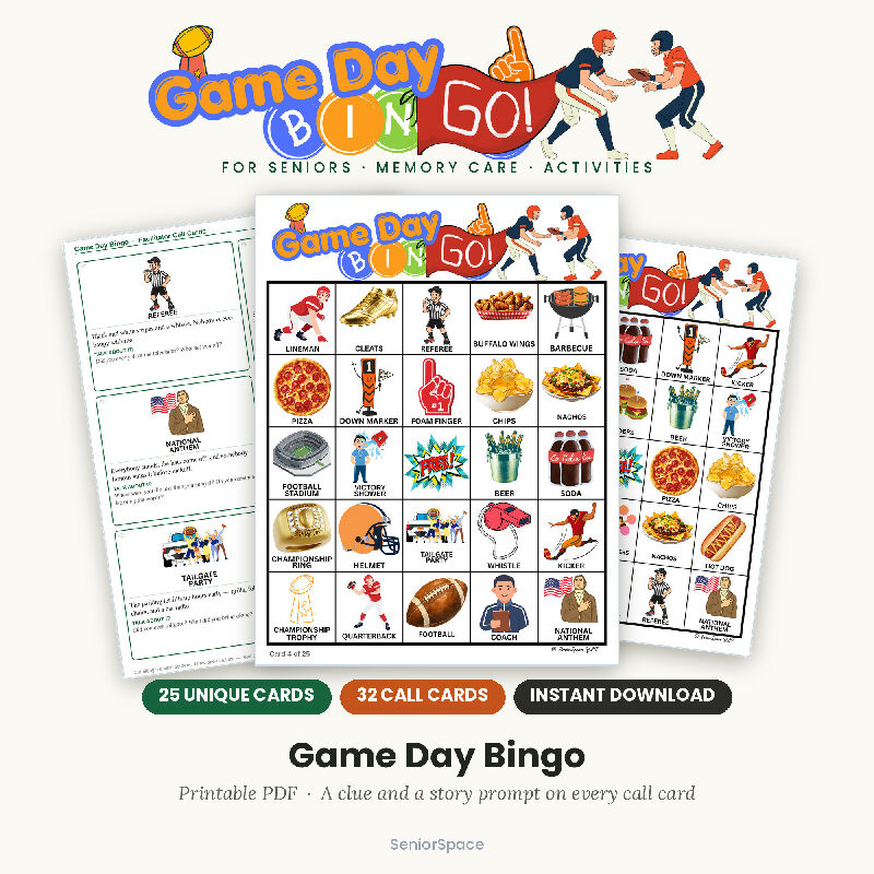 Football Bingo, Game Day Big Game Party, 25 Printable Cards, Call Cards with Clues, Reminisce Questions, Instant Download
