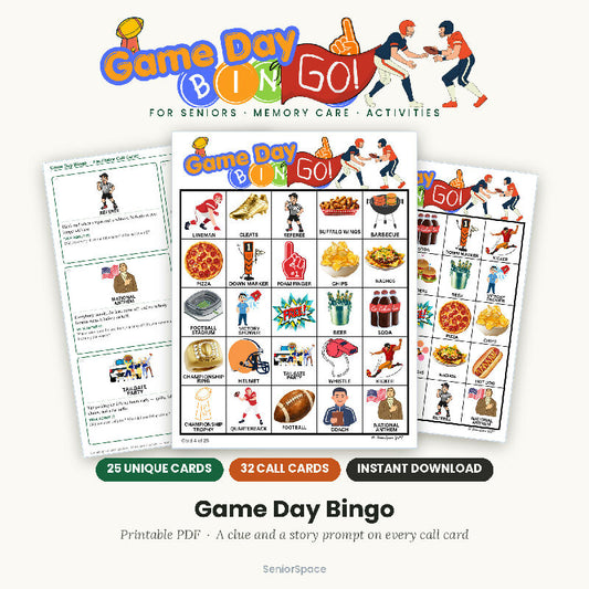 Football Bingo, Game Day Big Game Party, 25 Printable Cards, Call Cards with Clues, Reminisce Questions, Instant Download