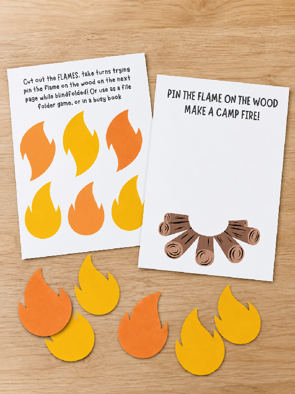 Pin the Flame on the Campfire Wood Game, Pin the Tail Game, Camping Theme Summer Party Game, Printable Activity