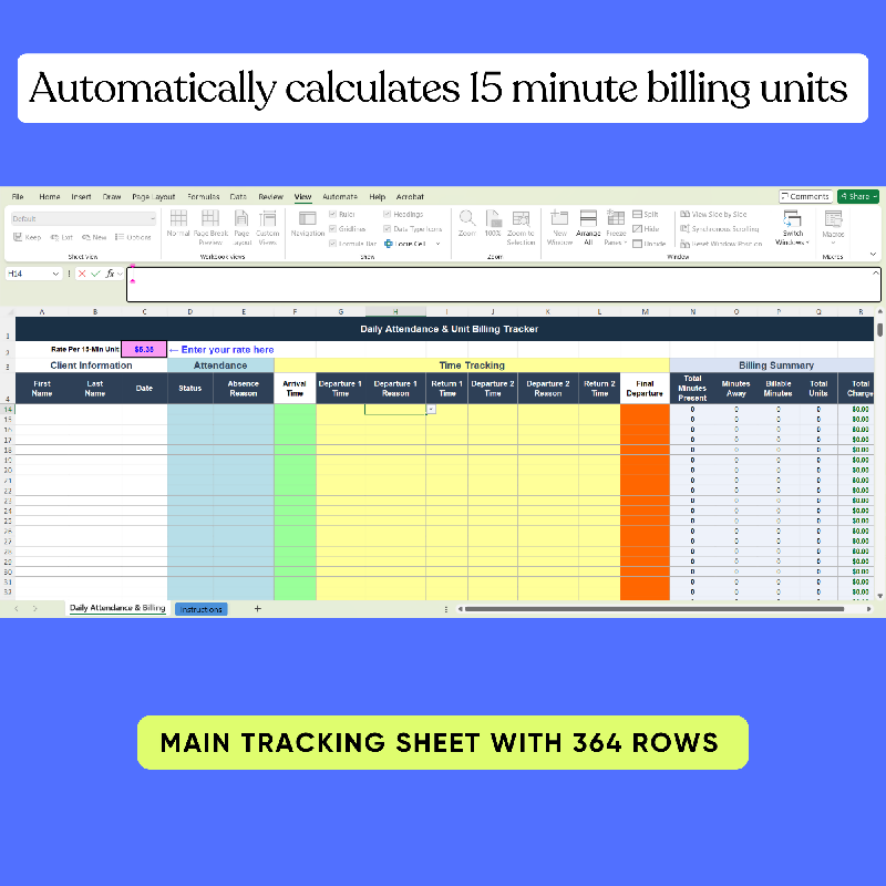 Attendance Billing Spreadsheet, 15 Minute Unit Tracker, Activity Attendance Excel Template, Medicaid Billing Tool, Auto Calculate Hours