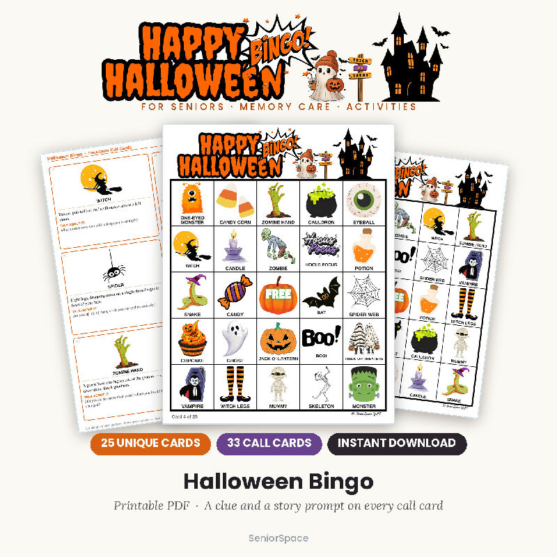Printable Halloween Bingo for Seniors, 25 Unique Cards + 33 Call Cards with Clues, Senior Living October Activity, Download PDF