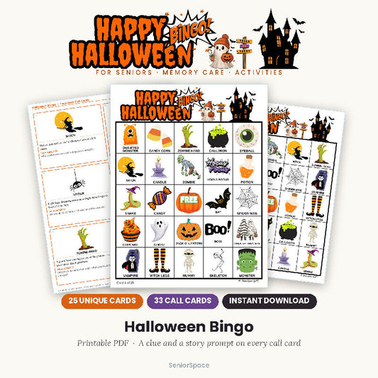 Printable Halloween Bingo for Seniors, 25 Unique Cards + 33 Call Cards with Clues, Senior Living October Activity, Download PDF