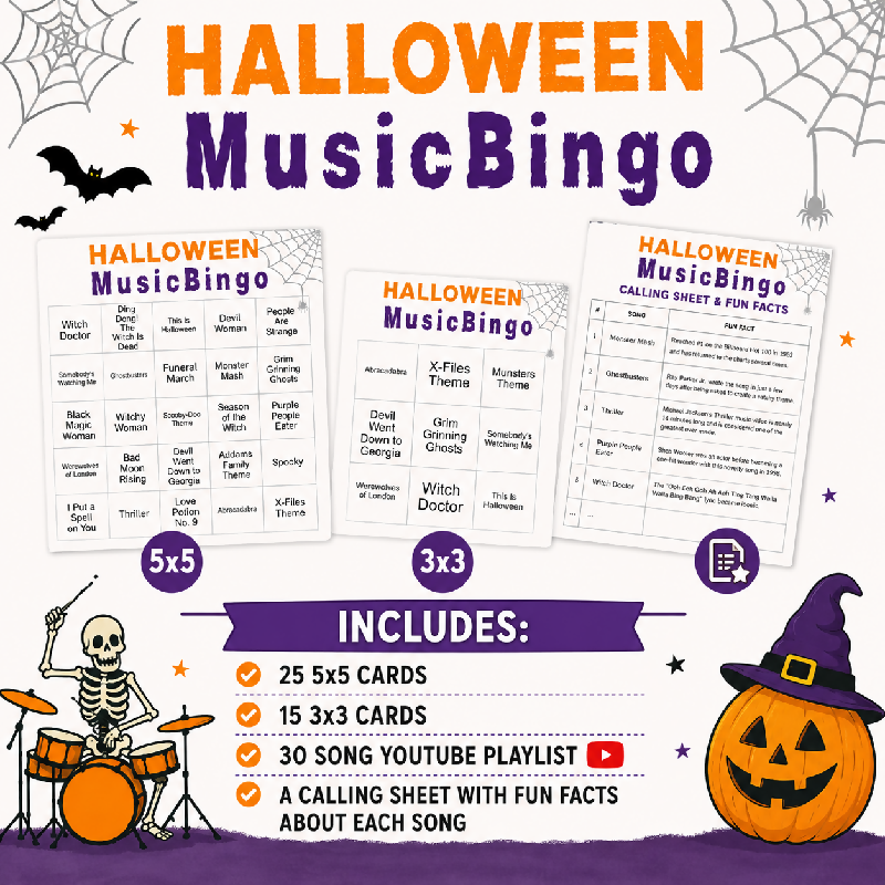 Halloween Music Bingo for Seniors | Printable Halloween Party Game | YouTube and Spotify Playlist included