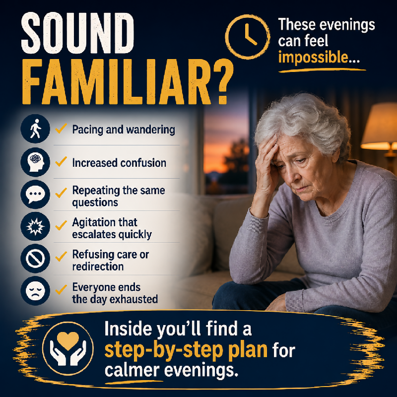Sound familiar — sundowning symptoms pacing and wandering increased confusion repeating questions agitation escalating quickly refusing care everyone ends the day exhausted — step-by-step plan for calmer evenings