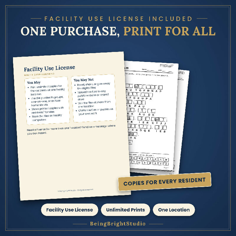 Winter Cryptogram Puzzles for Seniors | 50 Extra Large Print Pages | Activity Director Printable
