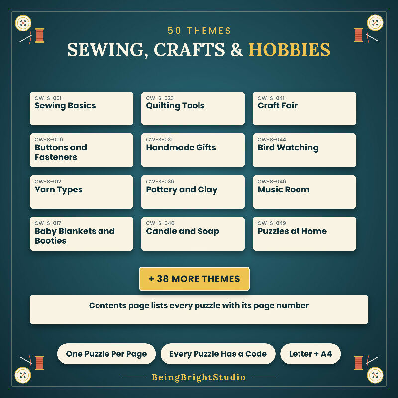 Sewing, Crafts and Hobbies Crossword Puzzles for Activity Directors, Extra Large Print, 50 Printable PDF Puzzles, Answer Keys