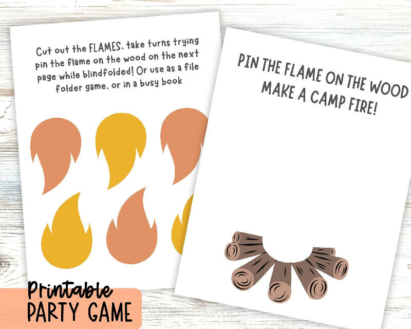 Pin the Flame on the Campfire Wood Game, Pin the Tail Game, Camping Theme Summer Party Game, Printable Activity
