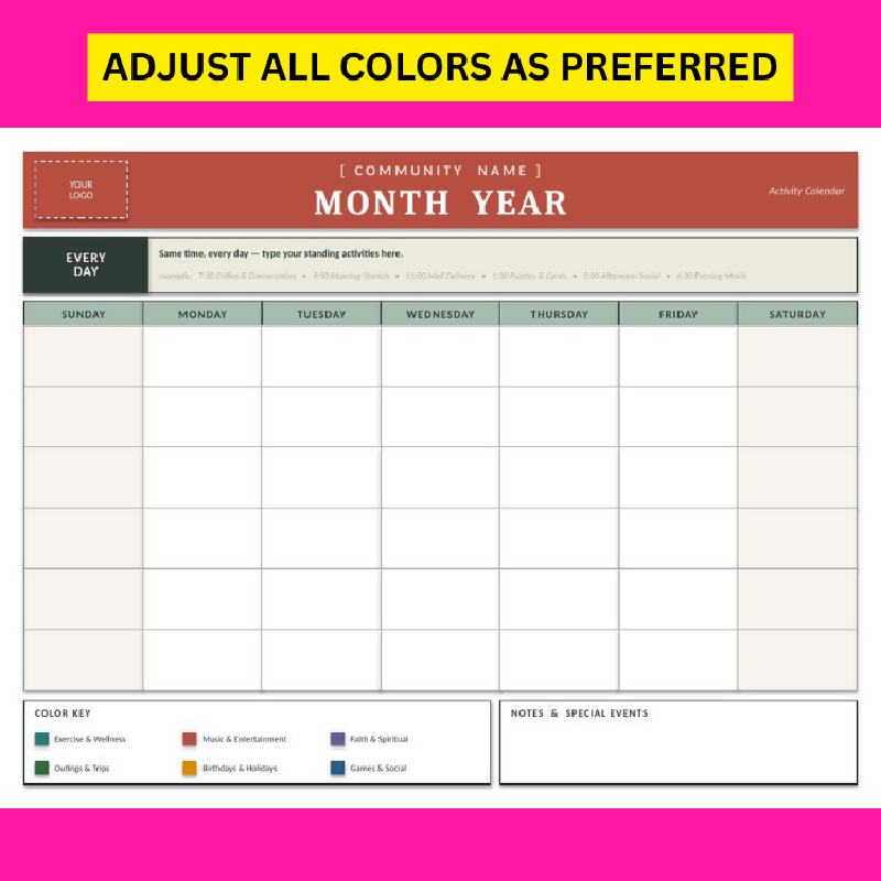 Activity Calendar Template | Editable Monthly PowerPoint Calendar | Publisher Alternative | 2 Styles, 2 Sizes