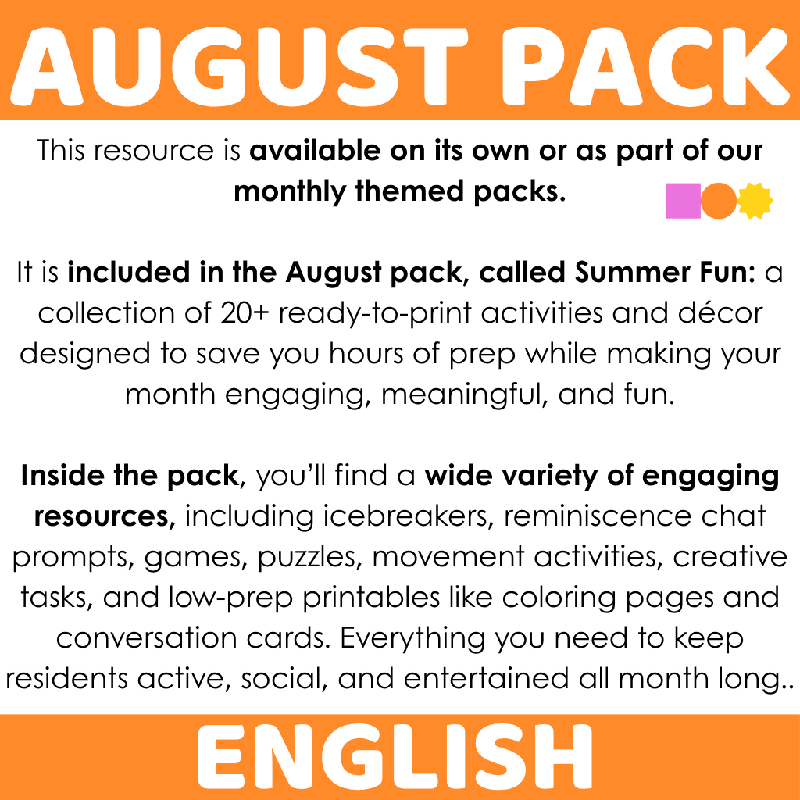 August-Themed Flashcards for Seniors | Printable Cognitive Stimulation Activity for Elderly Adults and Senior Living