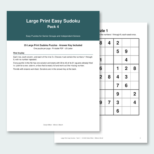 Large Print Easy Sudoku for Seniors, Pack 4: 25 Puzzles with Answer Key (Printable PDF)