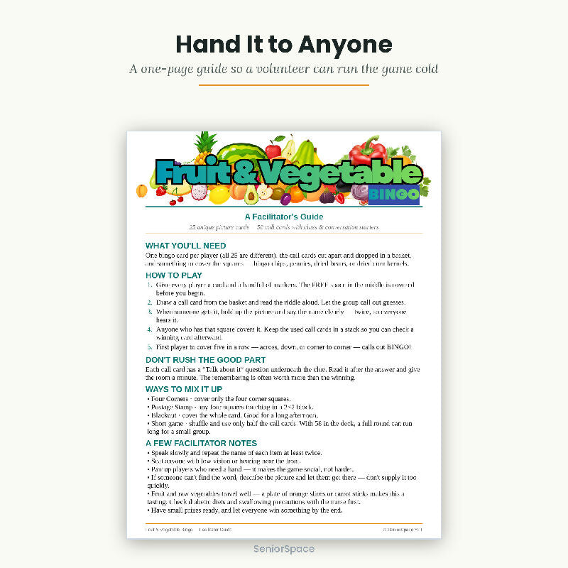 Fruit and Vegetable Bingo for Seniors, 25 Printable Cards, 58 Call Cards with Clues, Memory Care Activity, Instant Download