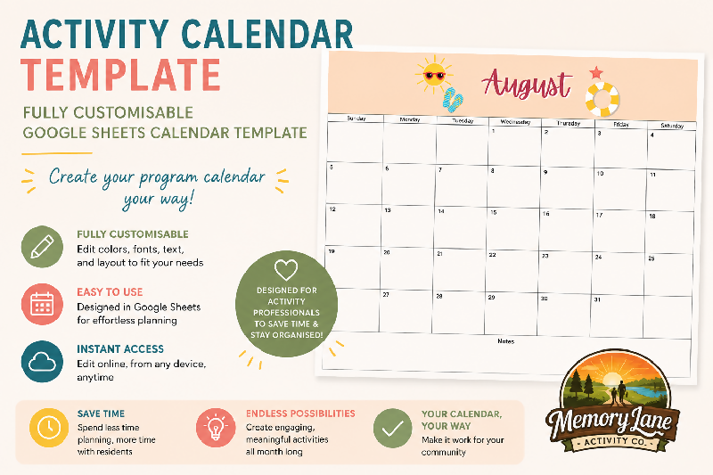 Recreation Activity Calendar Bundle | Editable Google Sheets Template + Monthly Ideas Calendar | Activity Director Planner for Senior Care