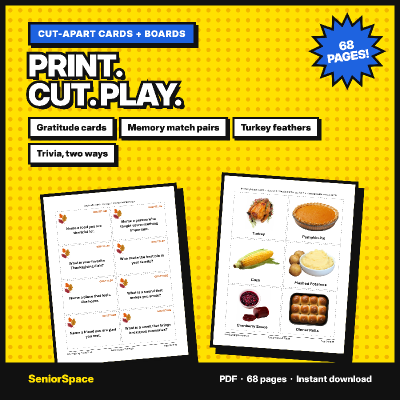 Thanksgiving Games for Seniors, 9 Printable Activities, Picture Bingo, Trivia, Memory Care and Nursing Home Activity Pack PDF
