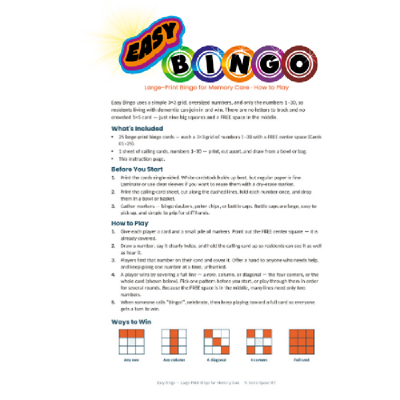 Easy Bingo for Memory Care, Large Print Dementia Activity, 25 Printable 3x3 Bingo Cards with Calling Cards & Facilitator Instructions