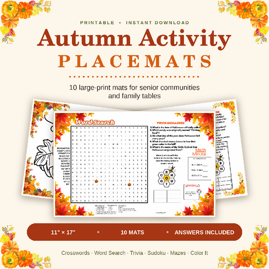 Fall Activity Placemats for Seniors, 10 Large Print Autumn Puzzles and Halloween Trivia, Nursing Home Activity Director Printable PDF