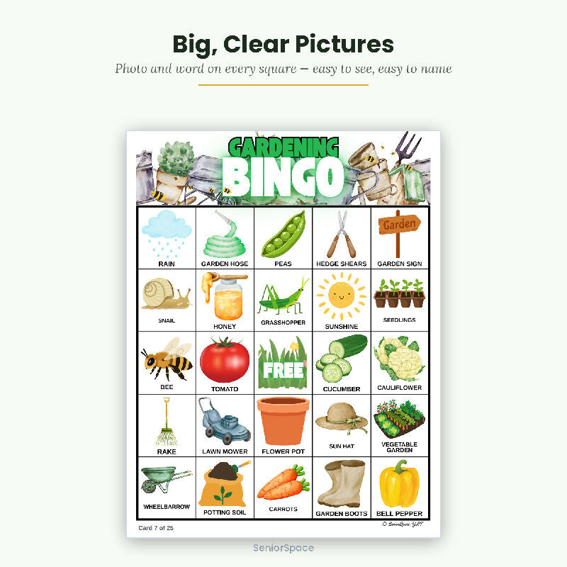 Gardening Bingo for Seniors, 25 Printable Cards, Call Cards with Clues, Memory Care Activity, Nursing Home, Instant Download