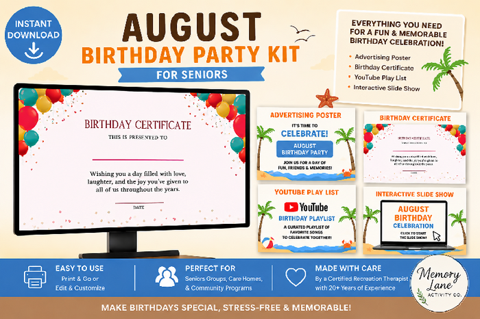 August Birthday Party Bundle for Seniors | Birthday Party Games, Trivia, Fun Facts, Poster, Certificate & Music Playlist
