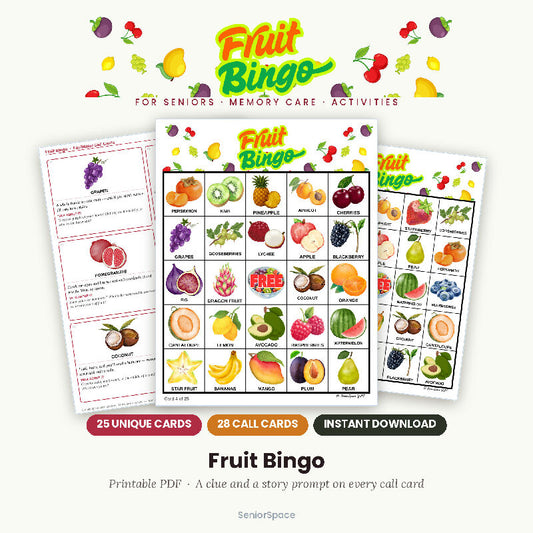 Fruit Bingo for Seniors, 25 Printable Cards, Call Cards with Clues, Memory Care Activity, Nursing Home Game, Instant Download