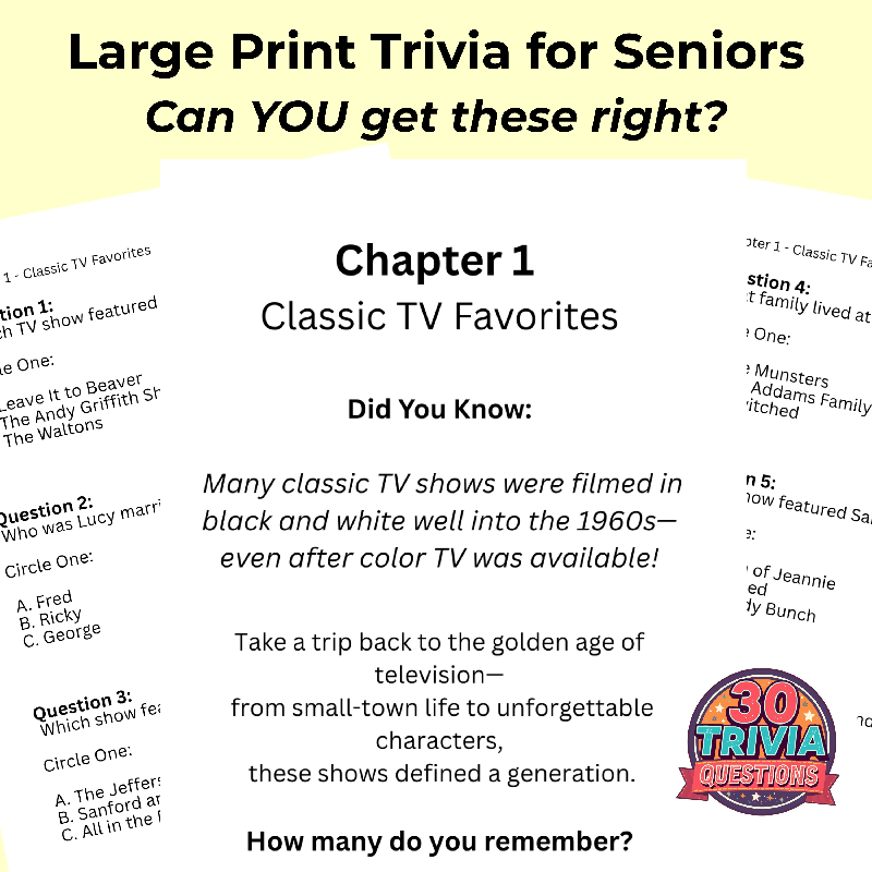 Classic TV Trivia Printable 1950s 1960s 1970s 1980s Trivia for Seniors
