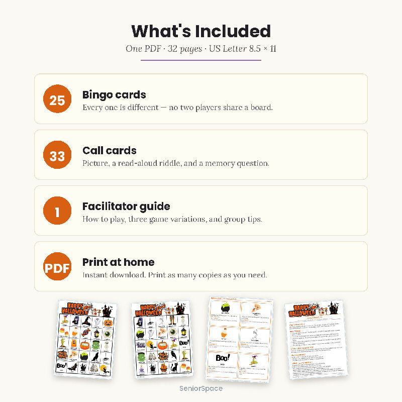 Printable Halloween Bingo for Seniors, 25 Unique Cards + 33 Call Cards with Clues, Senior Living October Activity, Download PDF
