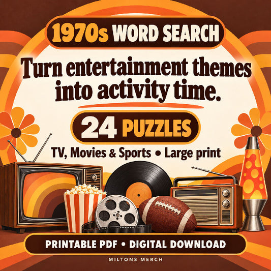 1970s Word Search — TV, Movies & Sports | 24 Large Print Nostalgia Puzzles, PDF