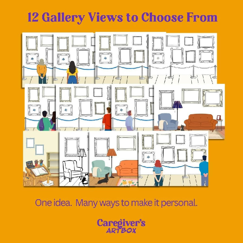 Twelve printable Gallery View designs displayed together, including museum walls, living rooms, an art room, and both color and line-drawing options.